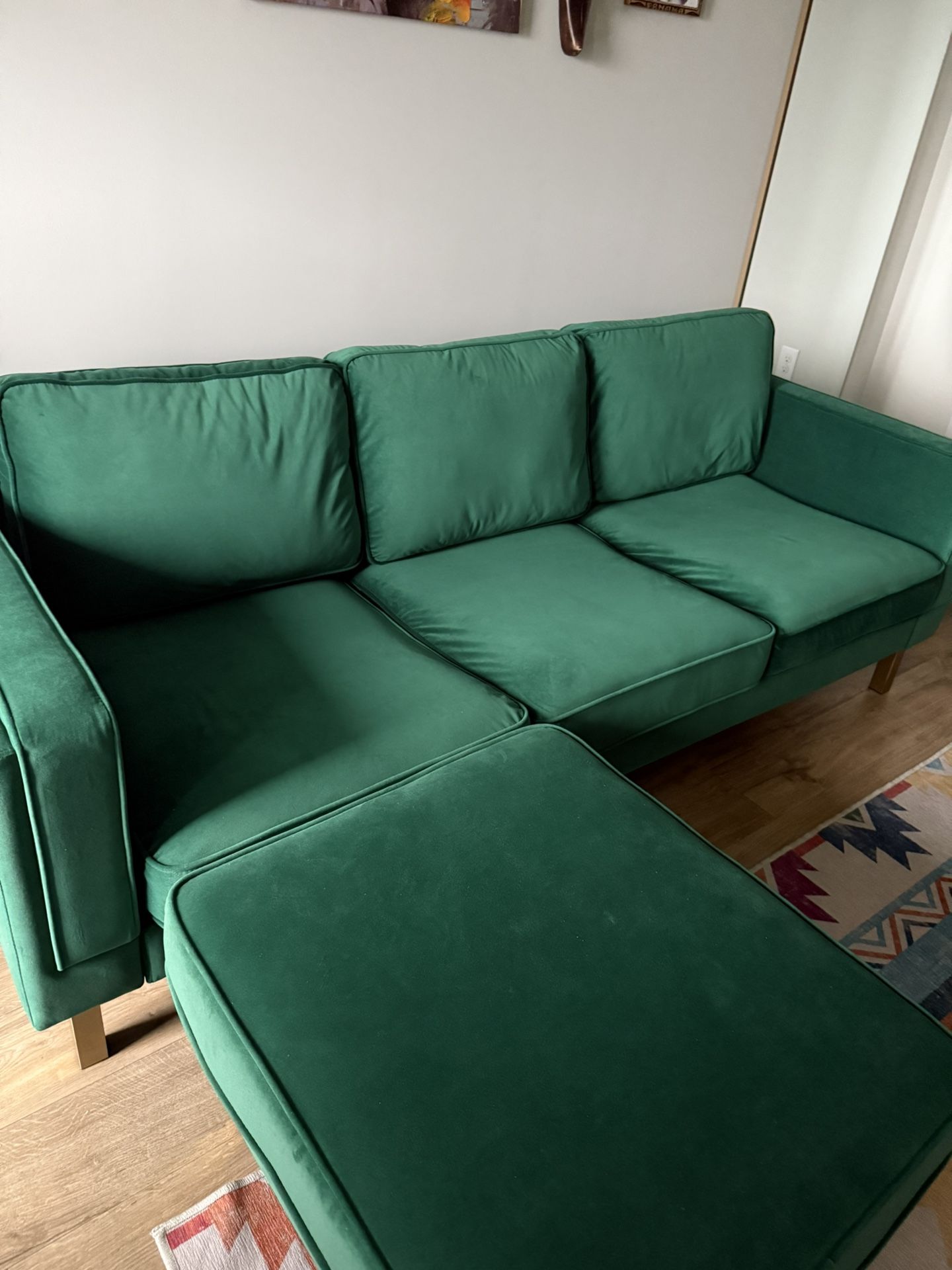 Green Couch with Gold accents and Ottoman