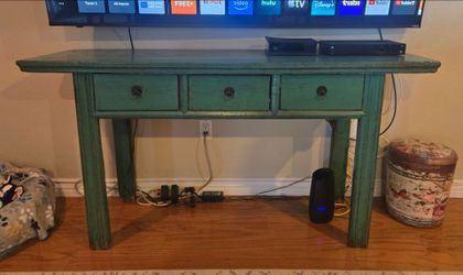 Rustic Green Wood Console Table with Drawers