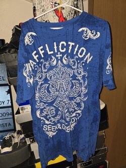 Affliction Mens Distressed Short Sleeve T-Shirt Seek & Destroy Size XL Blue White