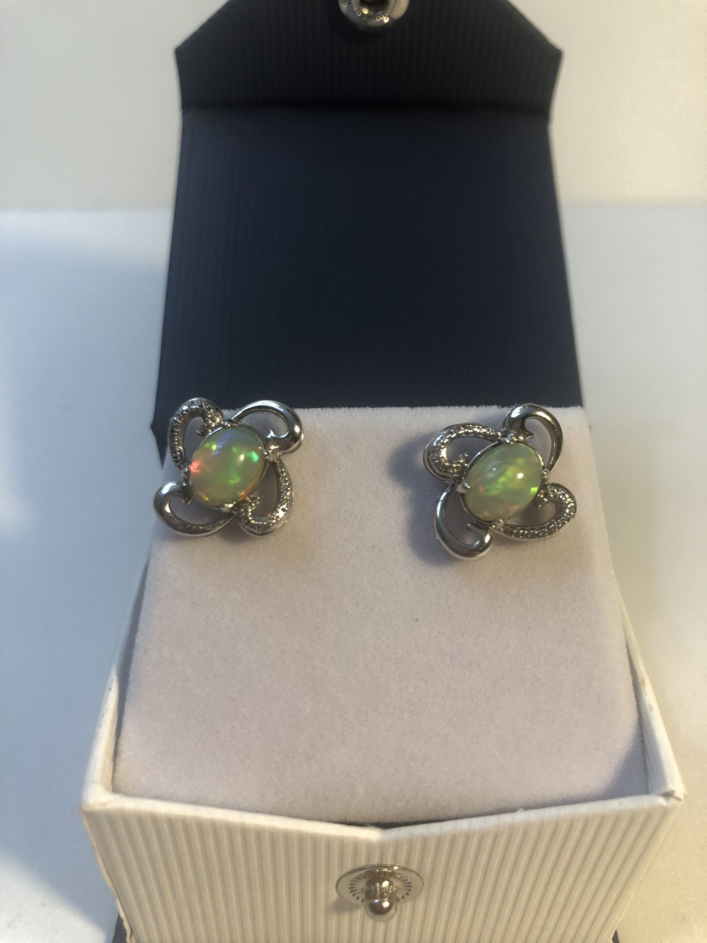NIB Natural Cabochon Opal and diamond accent earrings