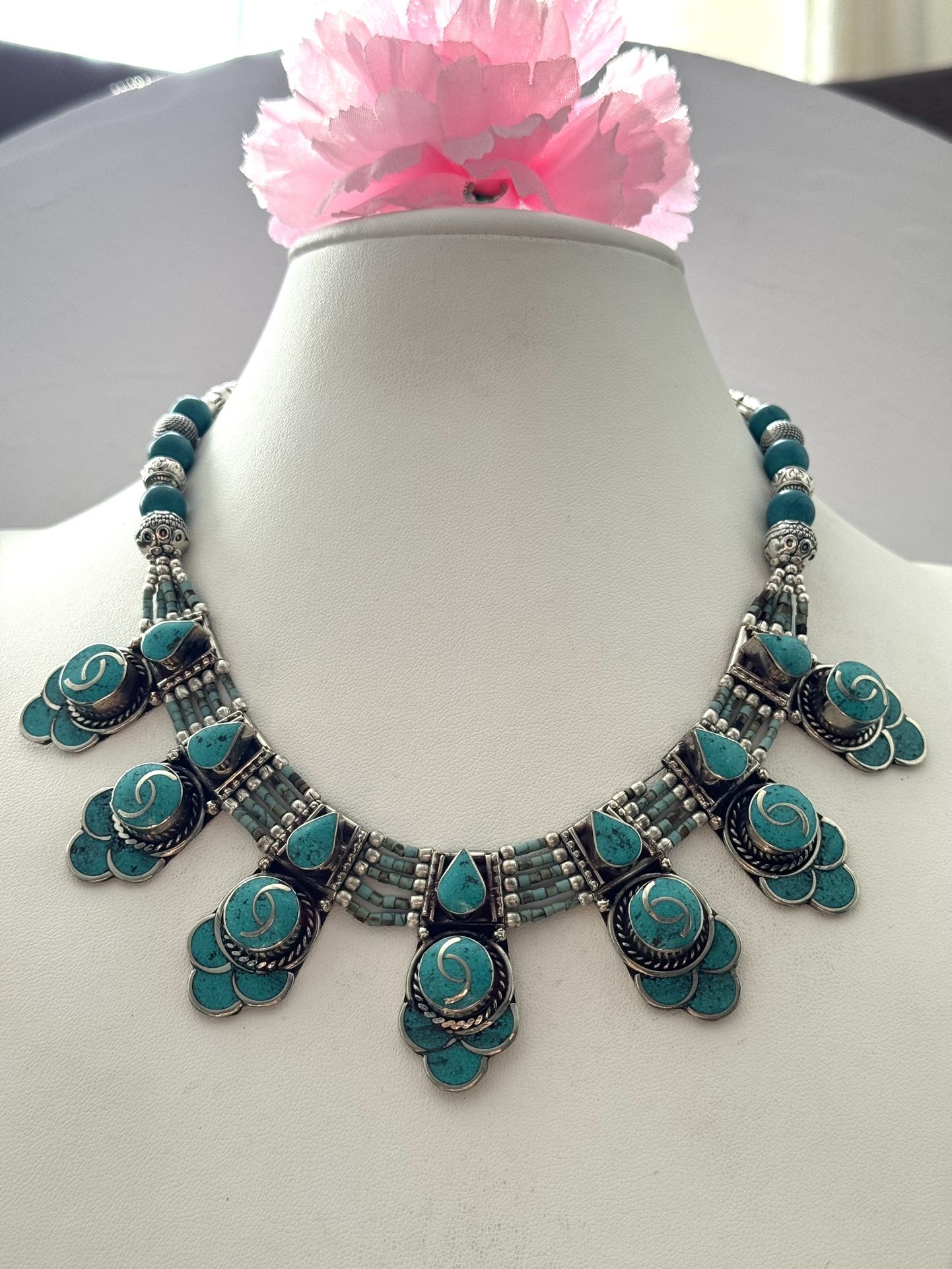 Stunning & vintage tribal theme handcrafted necklace with inlay turquoise set in Tibetan silver 18”inch