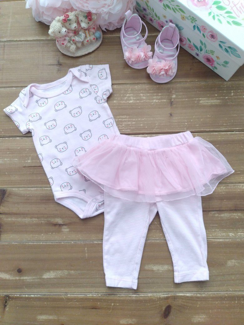 6MOS 2-PIECE OUTFIT PINK BEAT PRINT BODYSUIT W/STRIPED LEGGINGS ATTACHED TULLE SKIRT
