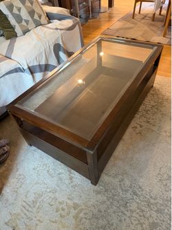 Solid Wood Coffee Table with Glass Top & Storage