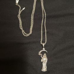 Silver Santa Muerte Pendant And Rope Chain