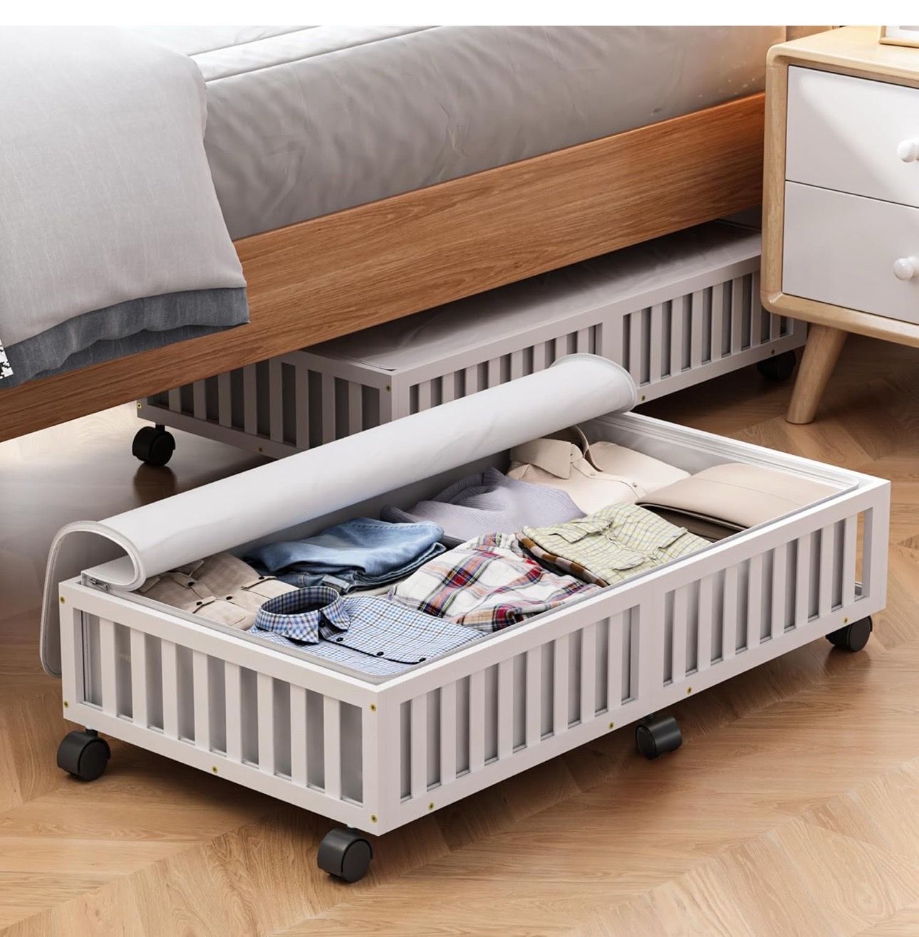 Bamboo Under Bed Storage Containers with Wheels, 2 Pack Large Under the Bed Shoe Storage Bins, Wood Rolling Underbed Drawers Organizer for Bedroom Clo
