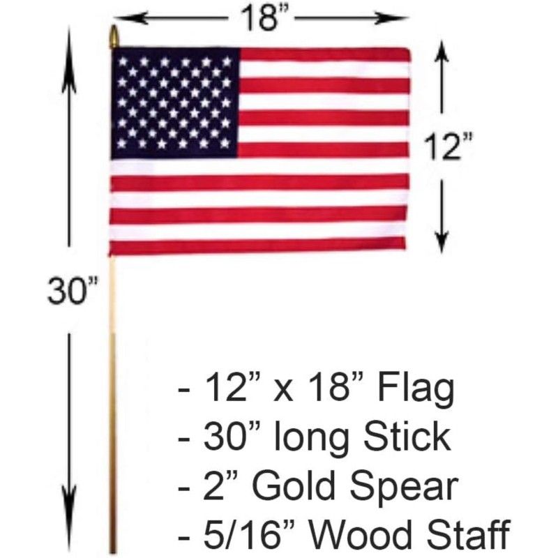 1000 Big Handheld Spearhead American Flags - 12 x 18 inch Pole length 30 Inch. Handheld Stick Flags with SpearTop Great for Patriotic Decorations