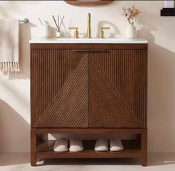 QD0008 30 Inch Bathroom Vanity with Sink, Farmhouse Fluted Design Door & Open Shelf, Freestanding Bath Storage Cabinet, Solid