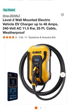 Shop DEWALT Level-2 Wall Mounted Electric Vehicle EV Charger up to 48 Amps, 240-Volt AC 11.5 Kw, 25 Ft. Cable, Weatherproof Questions & Answers (64)