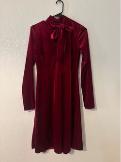 Elegant Burgundy Velvet Long Sleeve Dress with Neck Tie