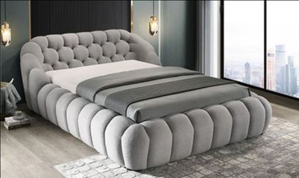 Brand New Light Grey Chenille Queen Platform Bed Frame (Available in Eastern King)