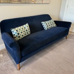 Crate & Barrel Blue Velvet Sofa + Loveseat – Mid Century Style