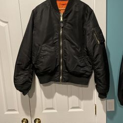 Bomber Jacket, Men, Large, Black, Gold Zippers, Orange Inside Lining