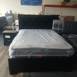 QUEEN BED FRAME,  MATTRESS, BOX SPRING & NIGHT STAND 
