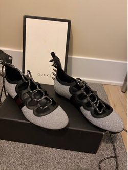 Gucci Silver Glitter Lace-Up Ballet Flats with Spike Heel Detail – Size 37