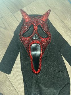 Red Rhinestone Ghost Face Halloween Mask with Hood