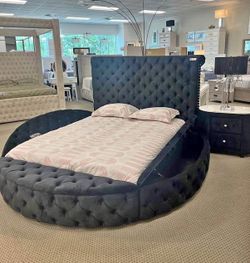 King Queen size Black Round storage bed frame with storage
