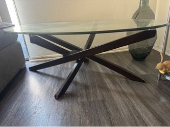 Modern Oval Glass Coffee Table with Dark Wood Base