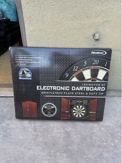 Halex Lexington BT electronic dartboard set in a wood cabinet