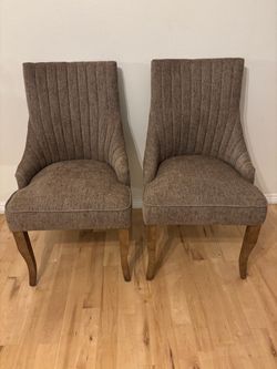 Linen Dining Chairs Set of 2 Channel Tufted Kitchen Dinner Chair Comfy Fabric Upholstered Accent Chair for Dining Room with Solid Wood Legs (Brown)