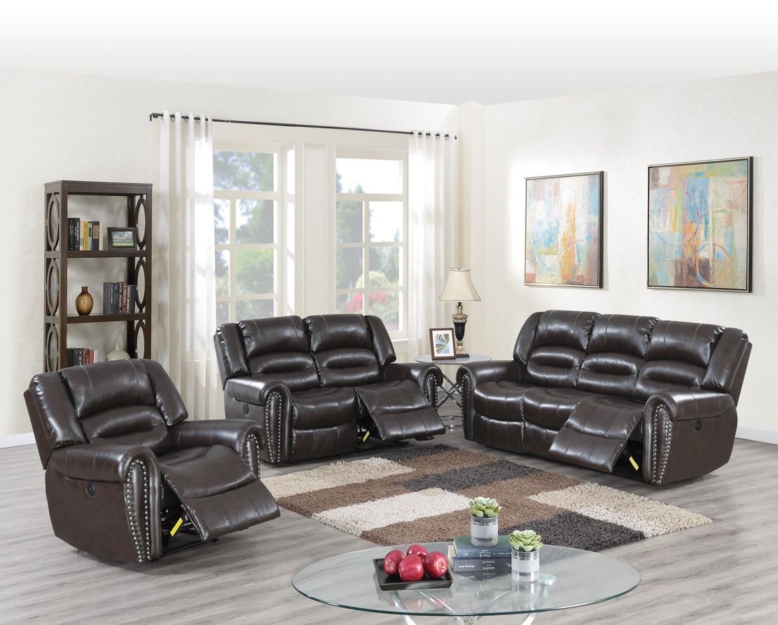 Brown Faux Leather Sofa Set With Power Recliner