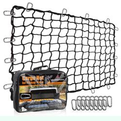 Seven Sparta 5’ X 7’ Bungee Cargo Net Stretches To 10' X 14' For Truck Bed, Pickup Bed, Trailer, Trunk, SUV With 16 Bonus D Clip Carabiners Car Organi