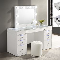 3 pc Luxo white high gloss wood finish make up bedroom vanity set LED lighting