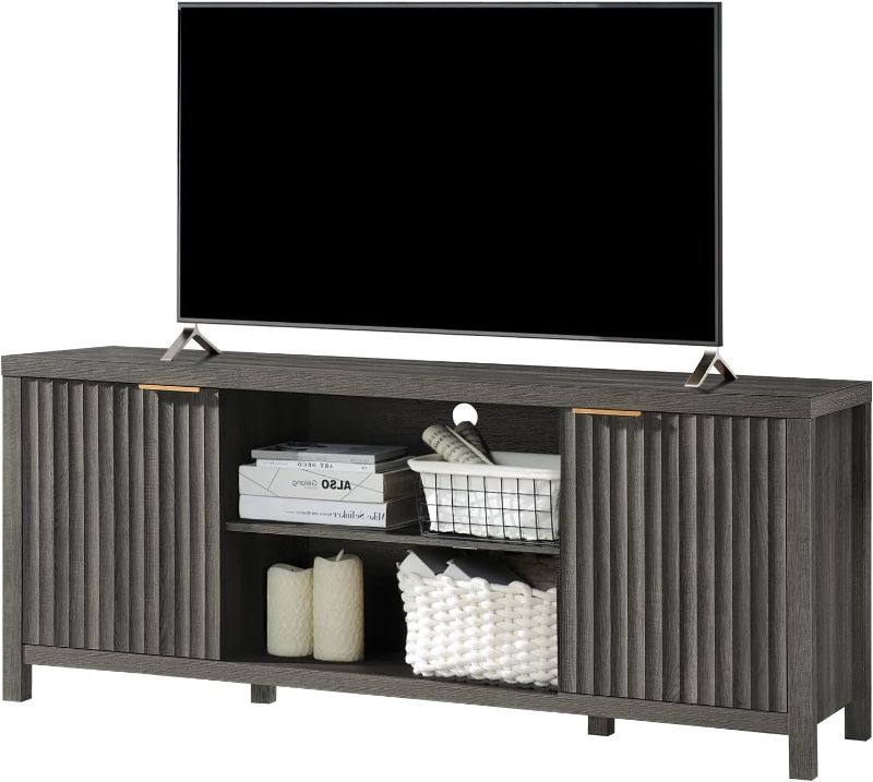 Fluted TV Stands for Living Room, Heavy Duty Entertainment Center with Storage, Mid Century Modern Television Stands for 50/55/60/65 TV, Oxford Media