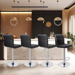 Set of 4 Adjustable Swivel Barstools, Modern PU Leather Kitchen Counter Bar Stools, Square Back Bar Stool (Grey)