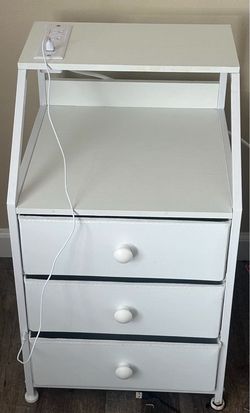 White 3-Drawer Nightstand with Charging Station, Dresser, Desk with Chair