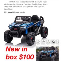 New in box Kids Ride on Car UTV Truck Blue 12V, Electric, Off-Road, Forward and Reverse Functions, Double Open Doors, Safety Belt, Horn, Music, Lights