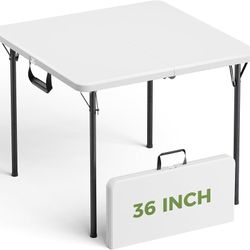 Folding table, 36-inch square folding table with carrying handle, heavy-duty portable folding table that folds in half, no assembly required, ideal fo