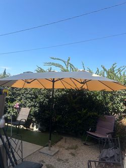 15x9” ft large double sided rectangle market umbrella patio color: tan Kaky base not included