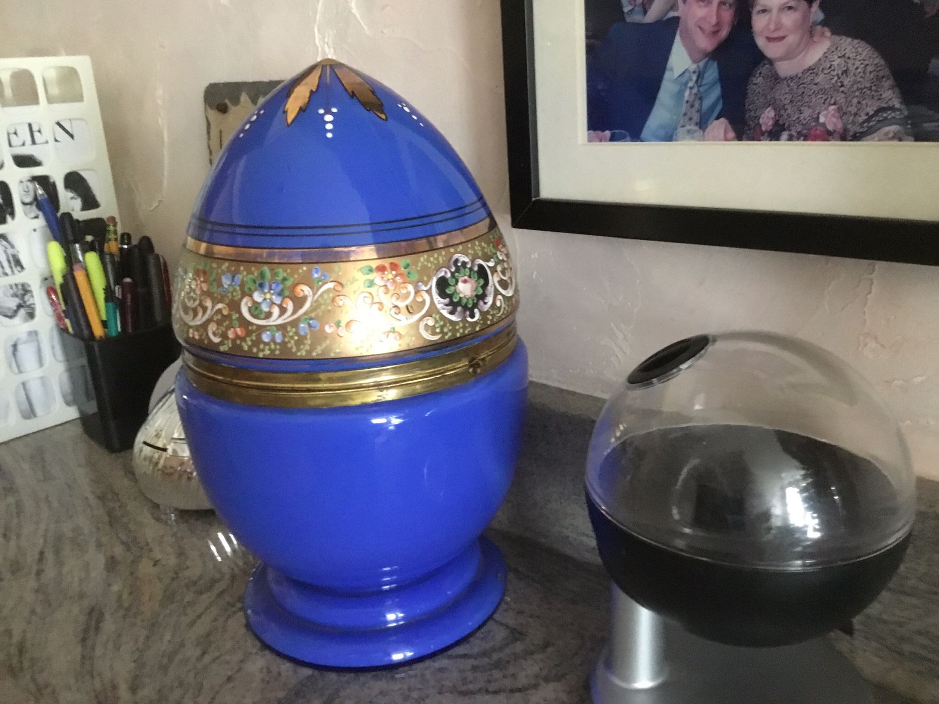 Beautiful Cobalt Blue antique egg with decanter and some glasses