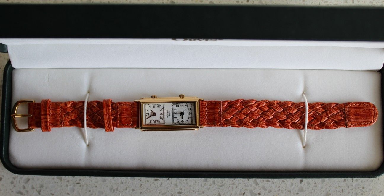 Ladies Orvis Dual Time Quartz Brown Orange Leather Band Watch