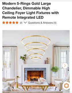 Modern 5-Rings Gold Large Chandelier, Dimmable High Ceiling Foyer Light Fixtures with Remote Integrated LED