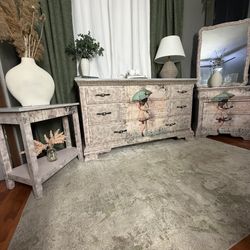 Customized vintage-style wooden bedroom dresser set.