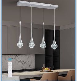 Upfelw Modern Chrome Crystal Chandelier For Kitchen Island 4-Lights, Luxury Retangular Dimmable LED Bubble Raindrop Pendant Lighting Fixture For Dinin
