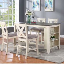 Counter Height Table Set W Side Shelf Storage 