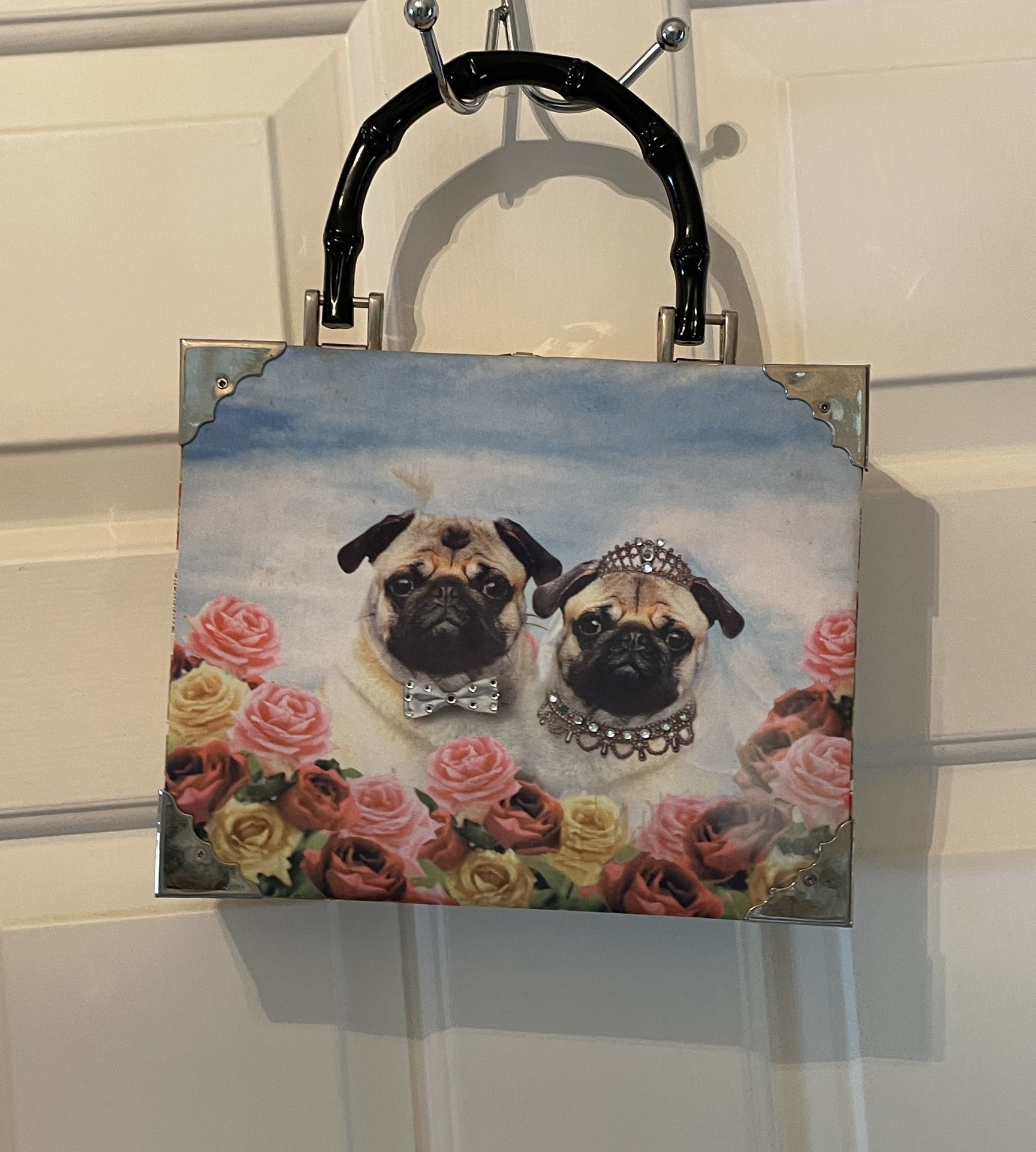 Pug Dog/Blossom Cigar Box Purse with black faux bamboo handle 7.5x9.25x2.5