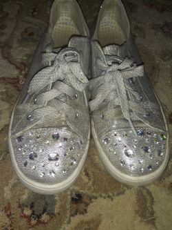 Justice Girl's Size 6 Lace Up Sneakers Silver W/Jewels