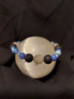 Rose Quartz, Blue Agate Black Lava Rock Crystal Bracelet 