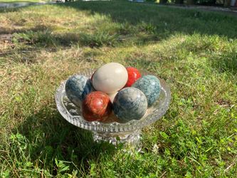 Vintage Mid Century Italian Alabaster Carved Eggs with Marble Finish and Vintage Crystal Bowl