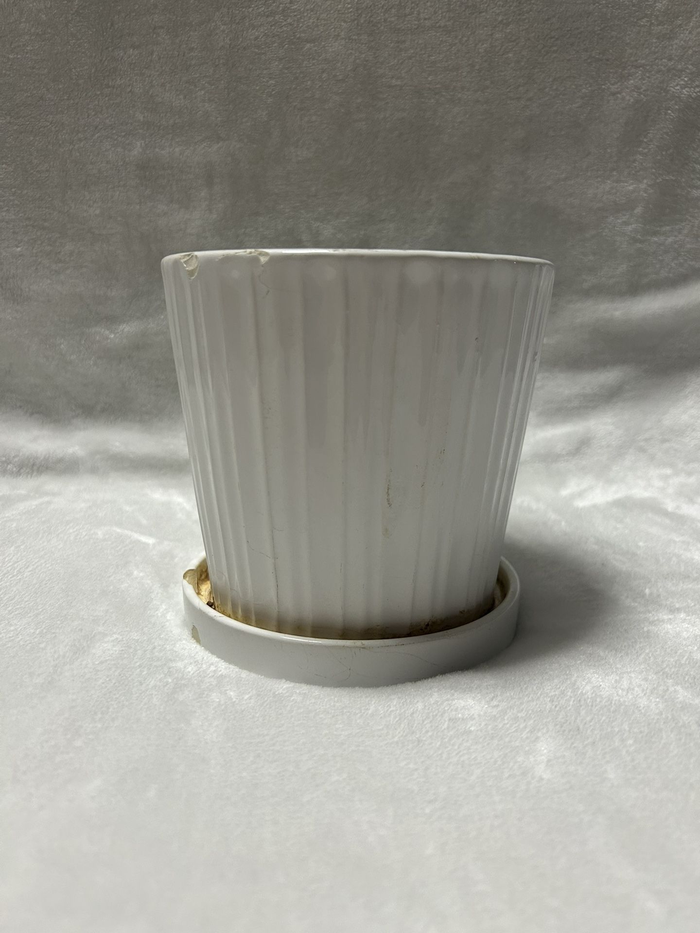 C Small 5 inch ceramic white planter pot with drainage saucer
