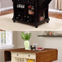2-drawer Drop Leaf Kitchen Island Table Buttermilk Or Black Two Tone Finish Cabinet