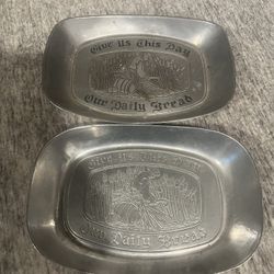 Two Vintage Pewter Give Us This Day Our Daily Bread Plate Tray Taiwan