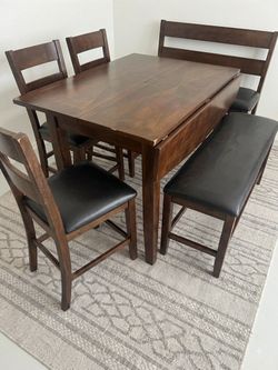 Dining set table walnut black faux leather