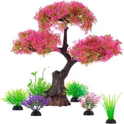 Aquarium Artificial Plastic Plants Decoration, Pink Cherry Blossom Tree & Grass Aquarium Decor, Goldfish Tank Decorations Set, Betta Fish Tank Hides C