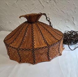 Vintage Leviton Tooled Leather Swag Pendant Light