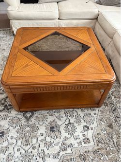 All wood square Coffee Table. Glass middle, Diamond Shape.