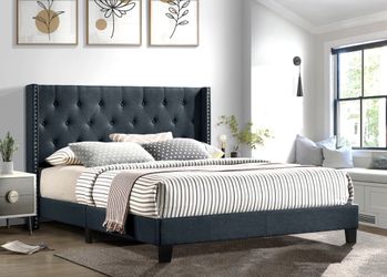 (NEW IN BOX) King  & Full Size platform Dark Grey Linen Fabric Bed Frame